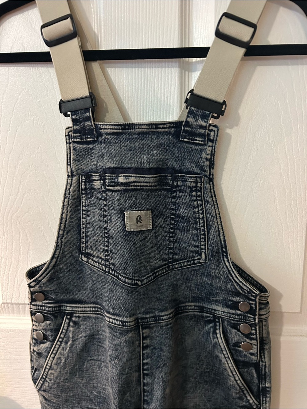 Ripton Acid Wash Denim Stretch Overalls with Cream Adjustable Elastic Straps